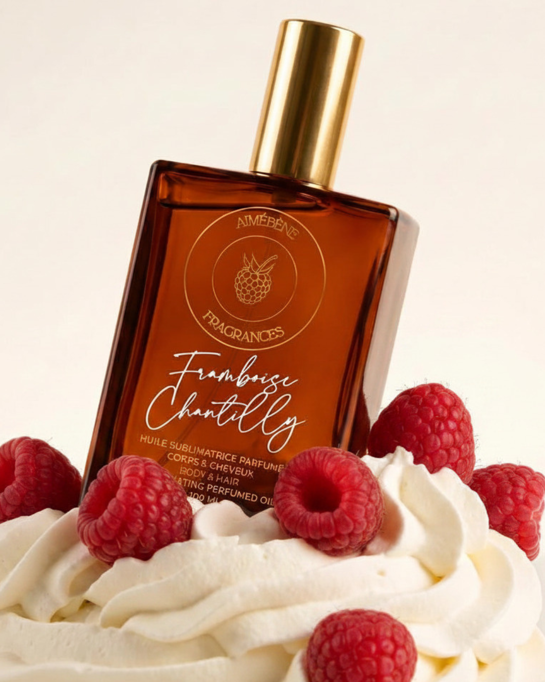 Framboise Chantilly by Aimébène Fragrances is a perfumed oil for the body and hair inspired by Oriana by Parfum de Marly (Front view of the bottle)