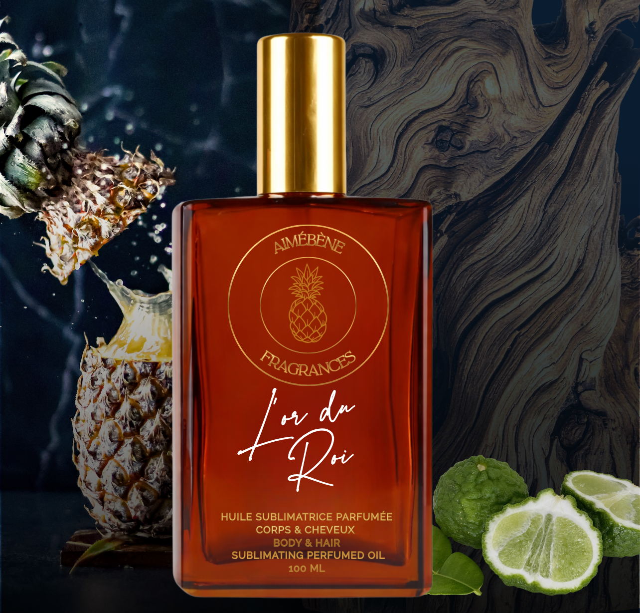 L'or du Roi”by Aimébène Fragrances is a scented oil for the body and hair inspired by Creed's Aventus Absolu (Front Bottle)