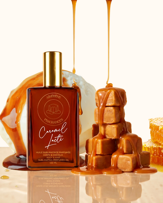 Caramel Lacté by Aimébène Fragrances is a perfumed oil for the body and hair inspired by Bianco Latte by Giardini Di Toscana