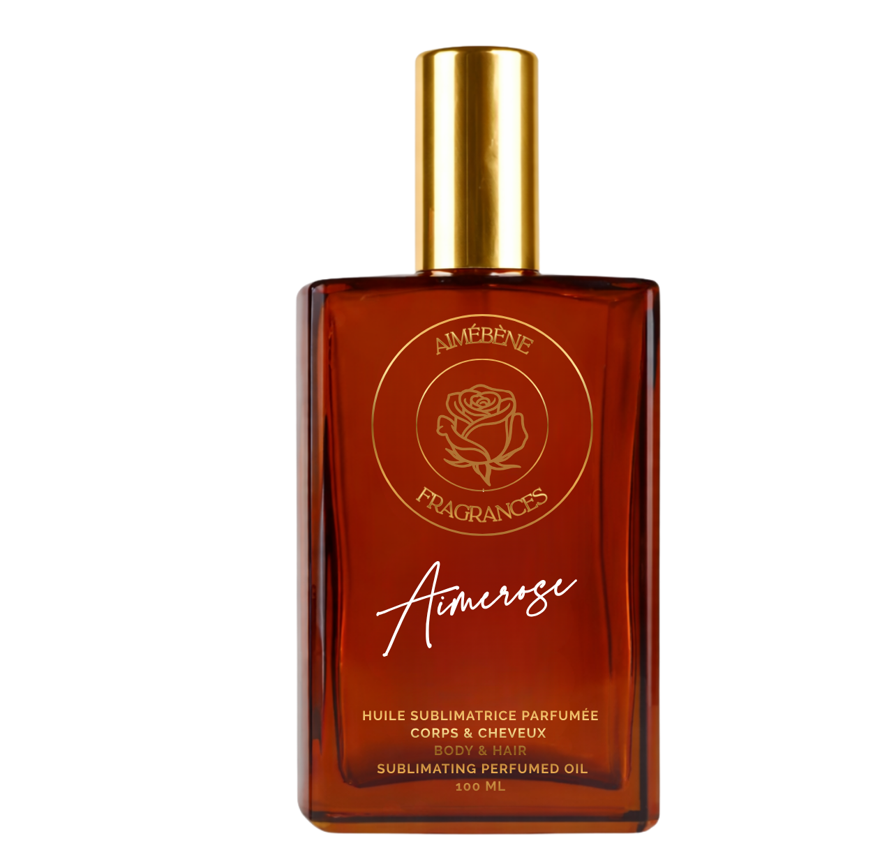 Aimerose d'Aimébène Fragrances est une huile parfumée pour le corps et les cheveux inspirée par Delina Exclusif de Parfums de Marly (Bouteille avant)