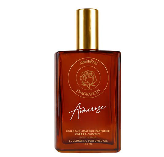 Aimerose d'Aimébène Fragrances est une huile parfumée pour le corps et les cheveux inspirée par Delina Exclusif de Parfums de Marly (Bouteille avant)