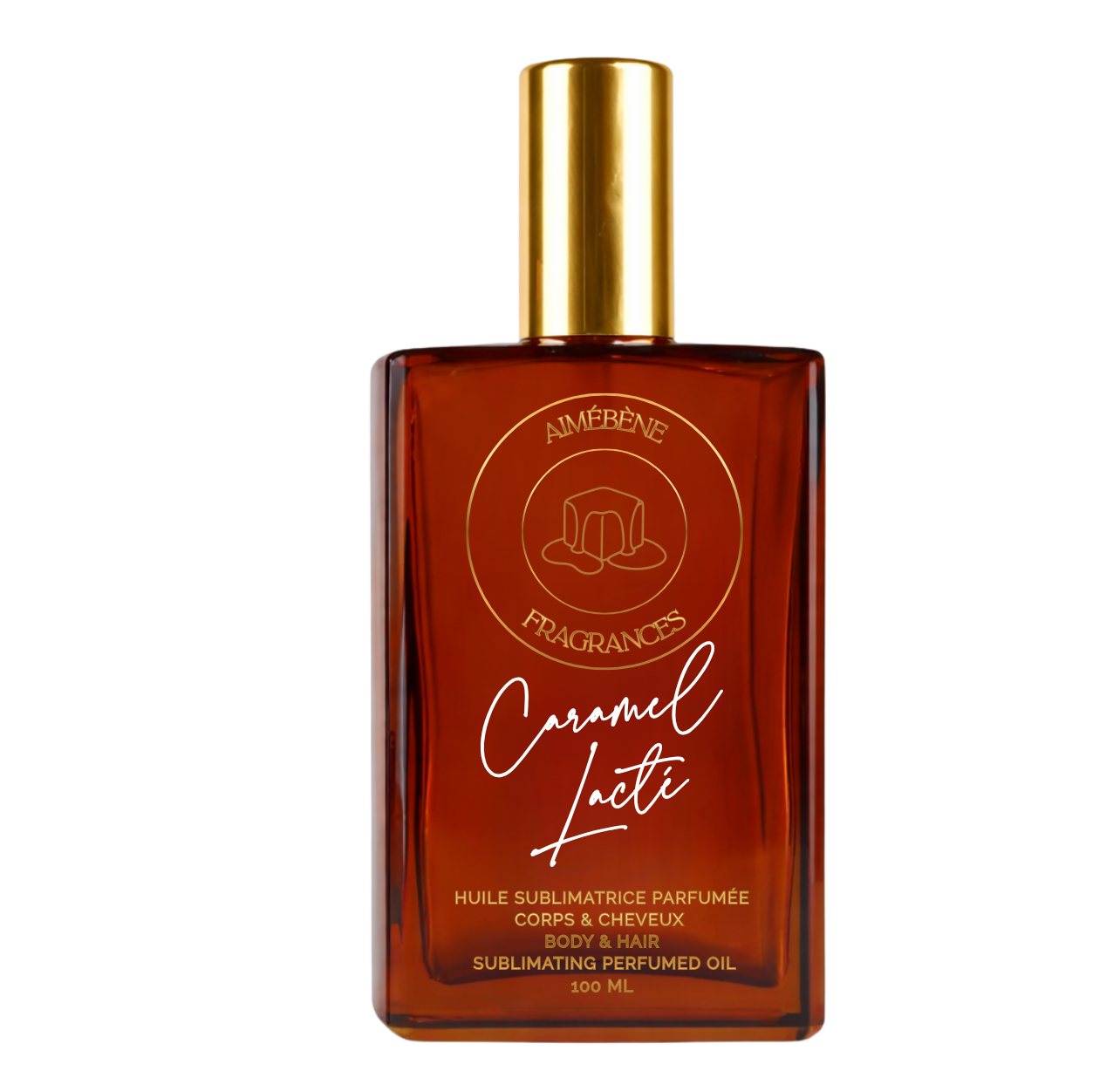 Caramel Lacté d'Aimébène Fragrances est une huile parfumée pour le corps et les cheveux inspirée de Bianco Latte par Giardini Di Toscana (Bouteille avant)