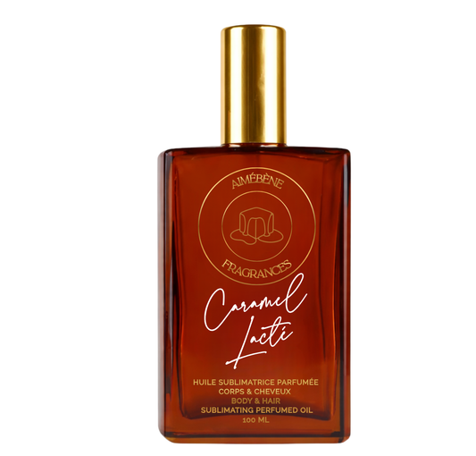 Caramel Lacté d'Aimébène Fragrances est une huile parfumée pour le corps et les cheveux inspirée de Bianco Latte par Giardini Di Toscana (Bouteille avant)