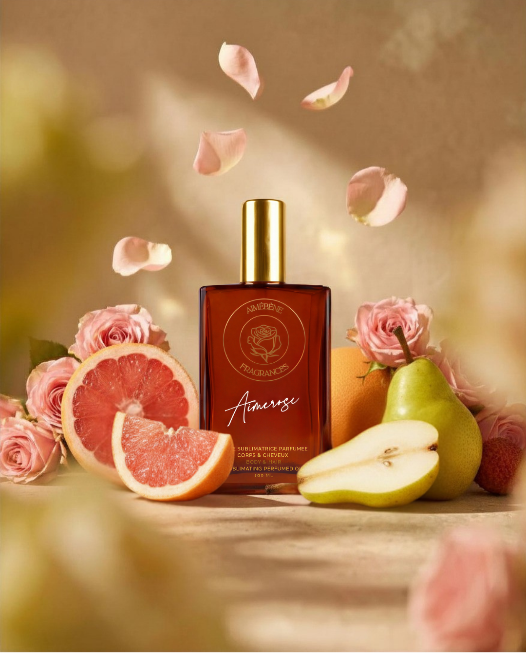 Aimerose by Aimébène Fragrances is a scented oil for the body and hair inspired by Delina Exclusif by Parfums de Marly (Front bottle)
