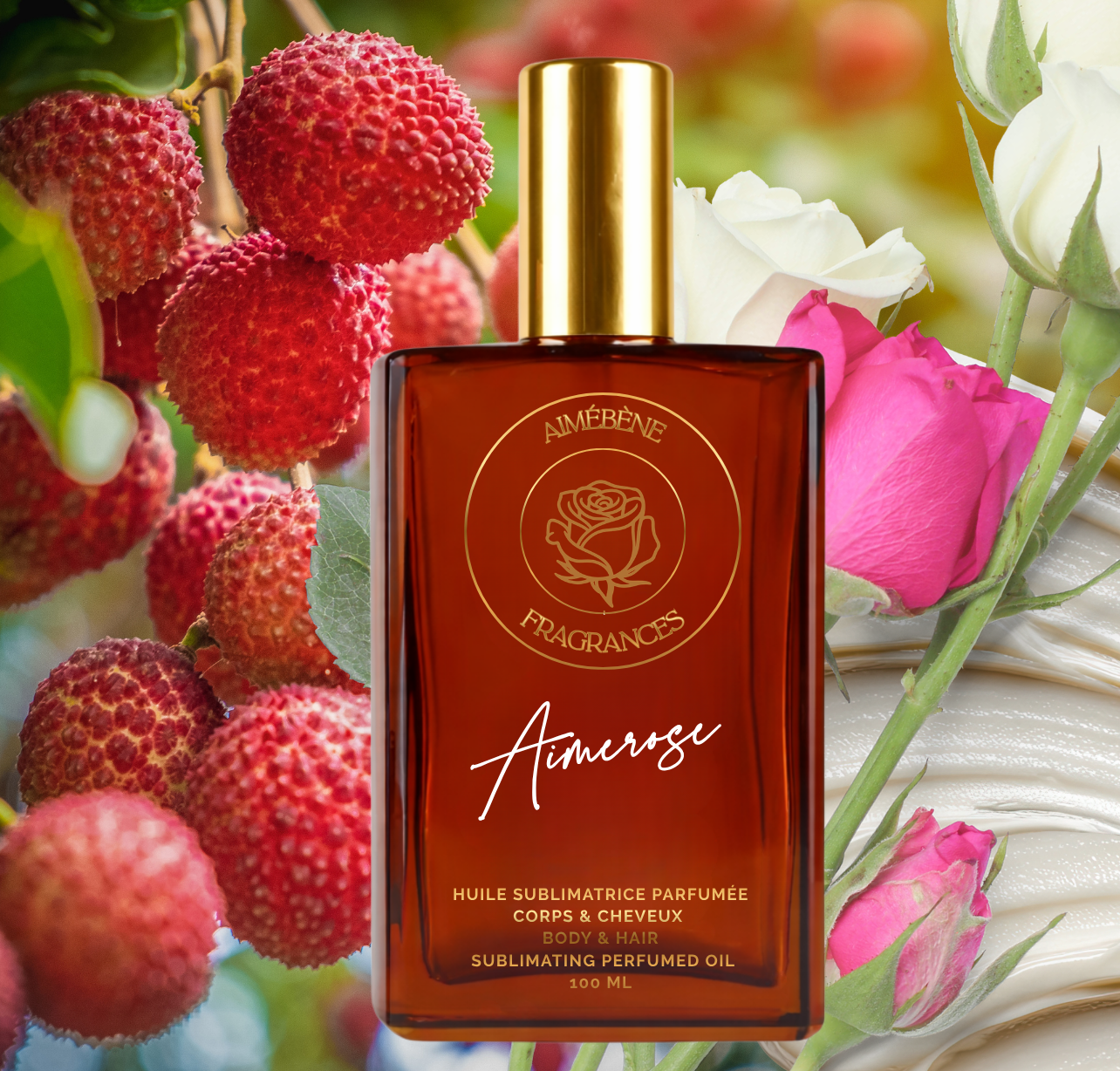 Aimerose by Aimébène Fragrances is a scented oil for the body and hair inspired by Delina Exclusif by Parfums de Marly (Front bottle)