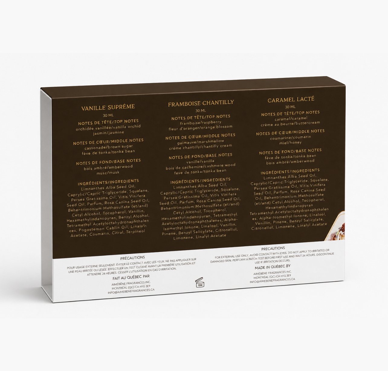 D'ores et Délices d'Aimébène Fragrances - Coffret découverte d'huiles parfumées corporelles et capillaires (fragrances gourmandes) - Verso