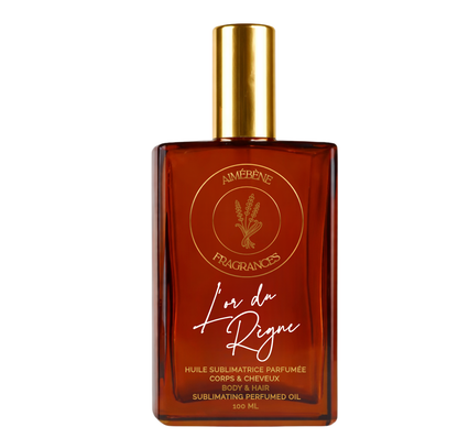 L'Or du Règne d'Aimébène Fragrances est une huile parfumée pour le corps et les cheveux inspirée de Libre Vanille Couture par Yves Saint-Laurent (Bouteille avant)