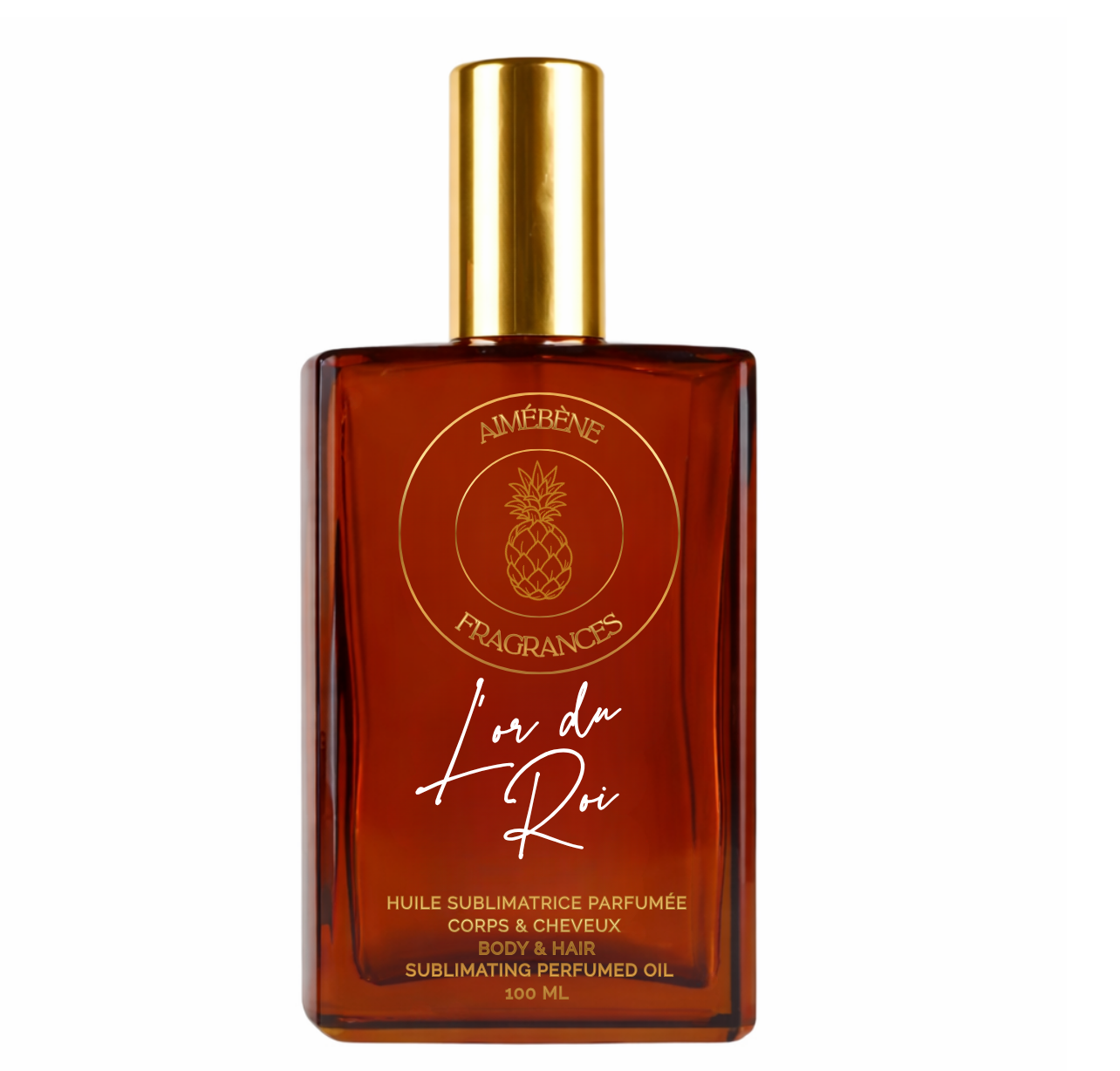 L'or du Roi d'Aimébène Fragrances est une huile parfumée pour le corps et les cheveux inspirée d'Absolu Aventus par Creed(Bouteille avant)