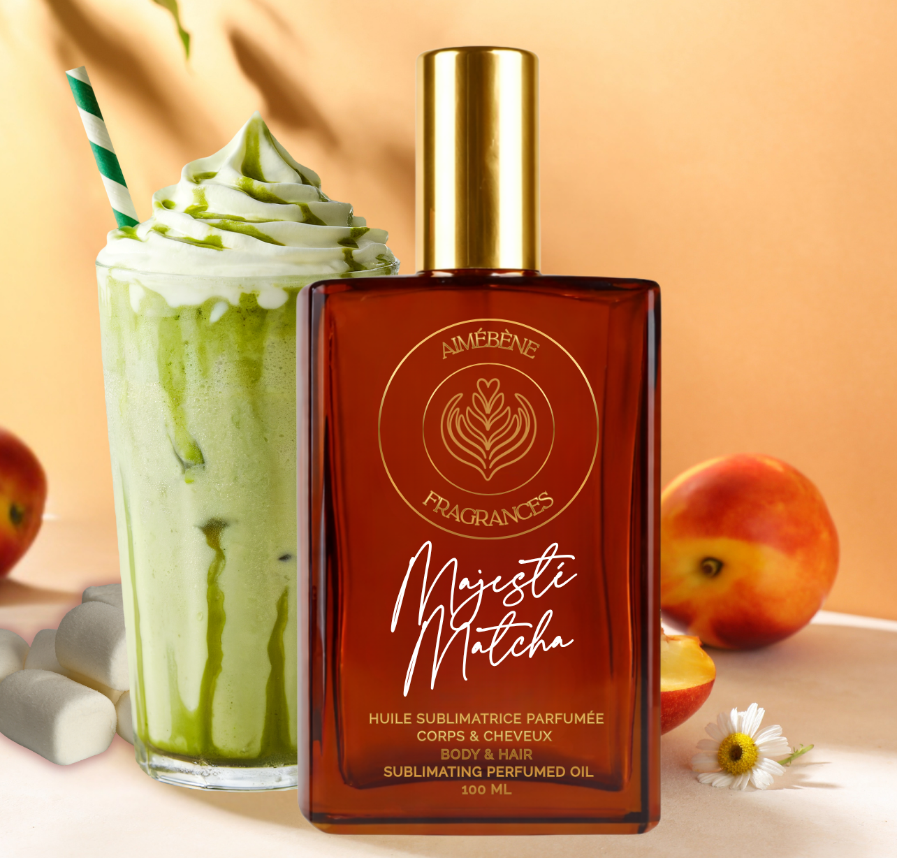 Majesté Matcha by Aimébène Fragrances is a perfumed oil for the body and hair inspired by Princess by Kilian (Front view of the bottle)