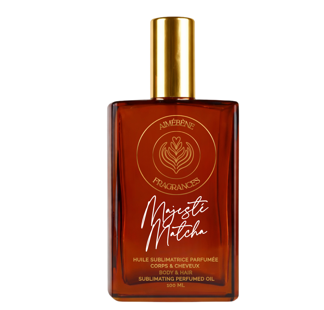 Majesté Matcha d'Aimébène Fragrances est une huile parfumée pour le corps et les cheveux inspirée de Princess par Kilian (Bouteille avant)